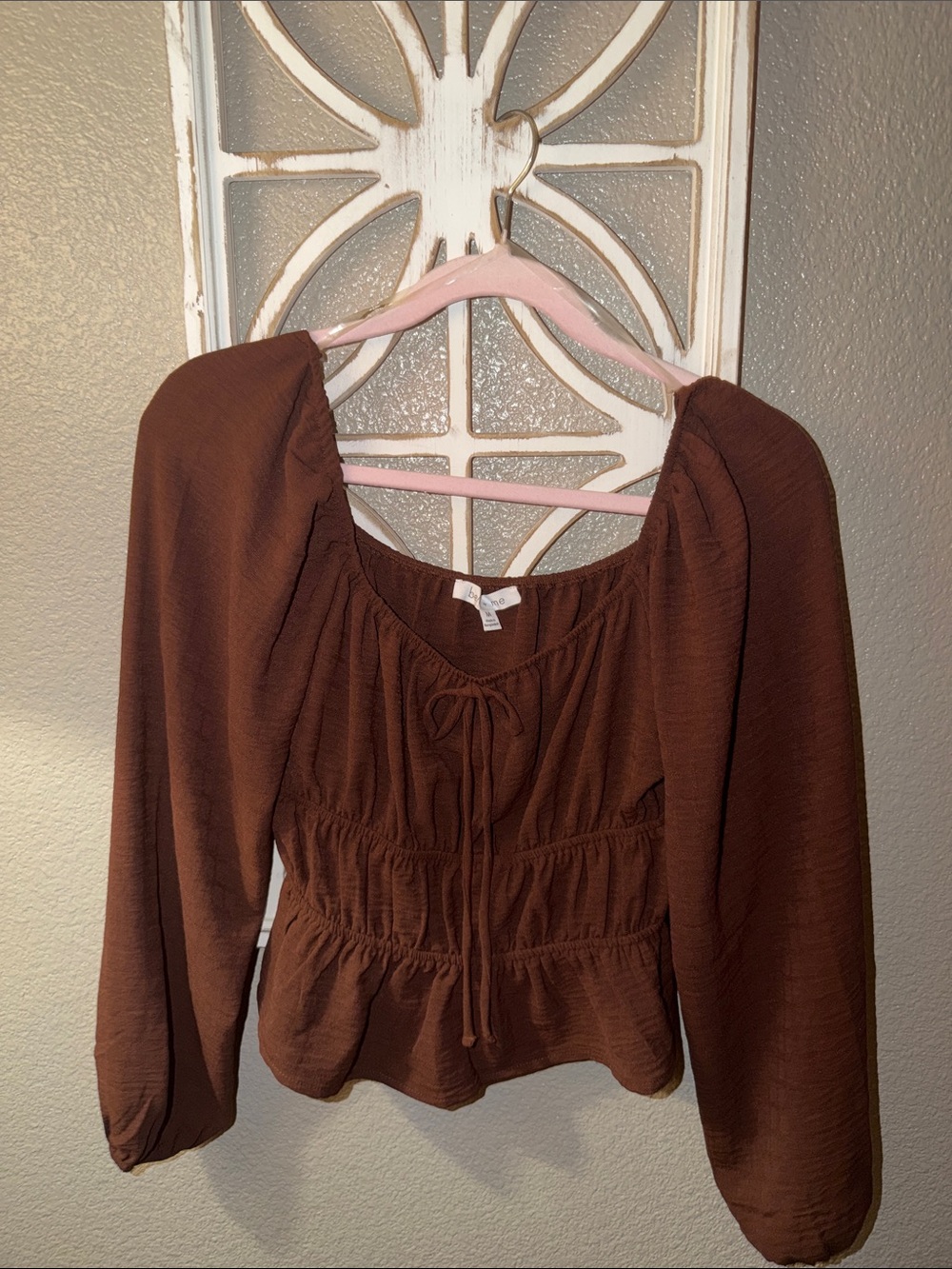Brown Peasant Blouse with Tie Front